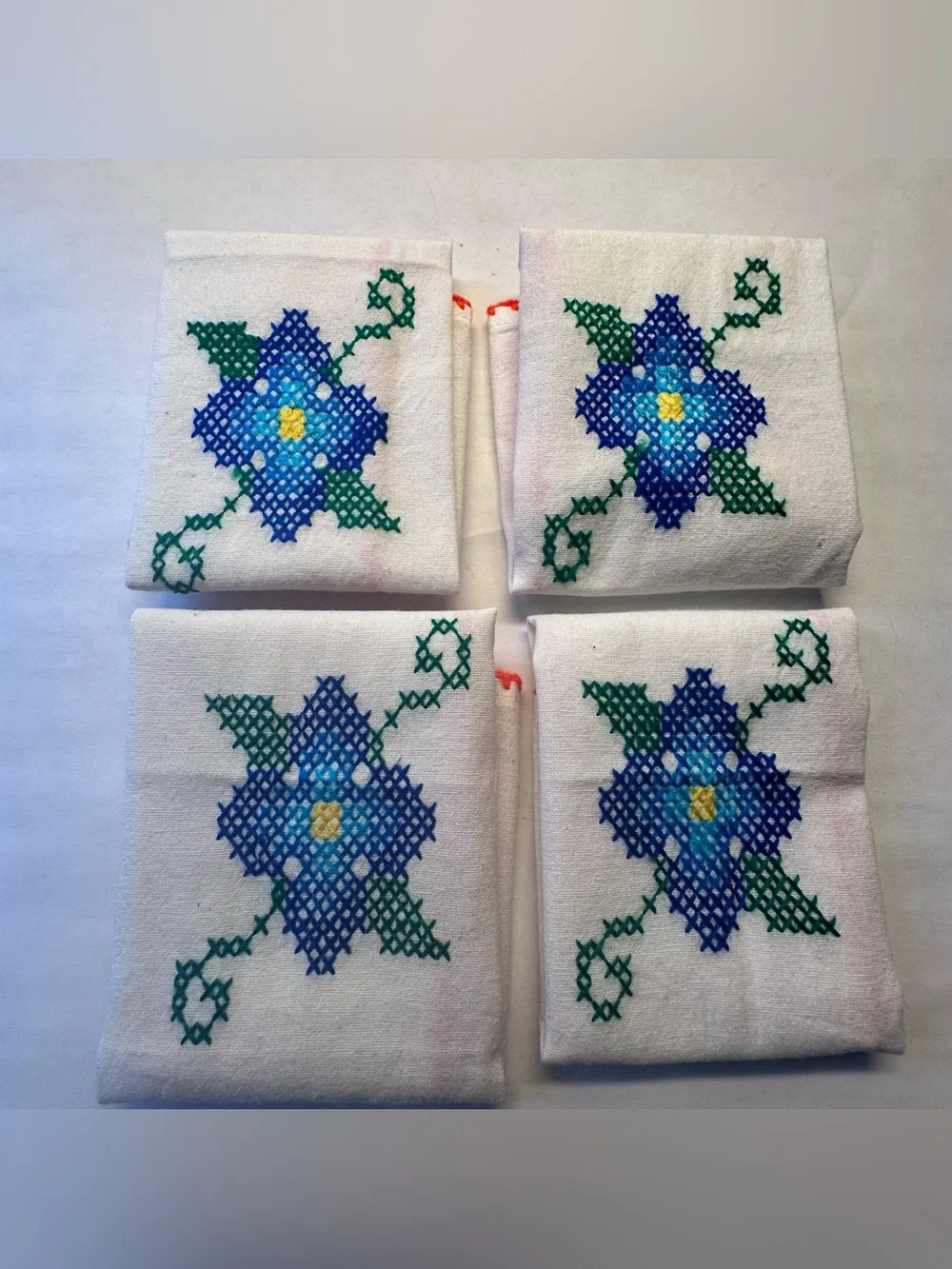 Vintage 4 Hand Embroidered Napkins Blue Flower Cross-Stitch 11
